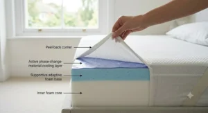 Step-by-step visual showing a compressed memory foam cooling mattress topper being unboxed and left to expand on a bed base.