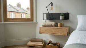 An industrial-style black metal and wood floating bedside shelf mounted beside a bedroom wall.