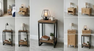 Industrial-inspired metal and wood narrow bedside table, ideal for modern urban living.