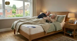 A senior British couple relaxing comfortably under a cosy woollen throw blanket on an orthopaedic mattress, cradling their pet cat.