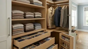 L-shaped corner wardrobe showing internal shelving and hanging rails.