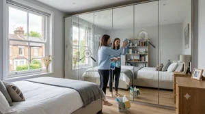 An illustration demonstrating how mirrored wardrobe doors create an illusion of depth in a compact British bedroom.
