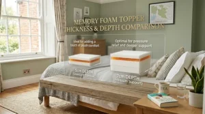A cross-section graphic comparing the comfort levels of 5cm and 7cm memory foam toppers for pressure relief.