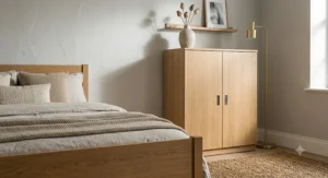 A sleek, minimalist wooden wardrobe providing affordable storage for under £200.