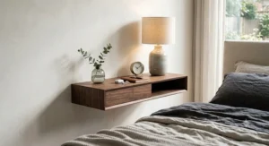 Minimalist walnut wall-mounted bedside table creating a stylish floating effect.