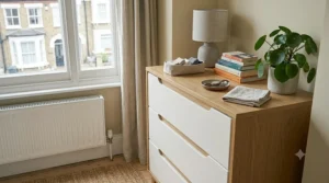 Compact chest of drawers with home decor against a bright window.