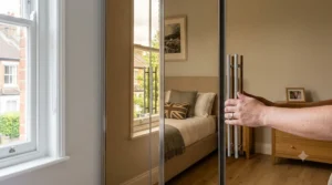 A close-up view of a high-quality glass mirrored wardrobe being polished to showcase easy cleaning and maintenance.
