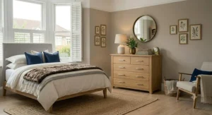 A beautifully styled, affordable solid wood chest of drawers under £200 positioned beside a neatly made bed in a contemporary UK home.