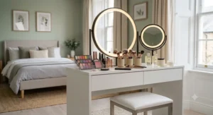 A side-by-side aesthetic comparison showcasing a clean, modern white dressing table against a traditional dark wood vanity unit.