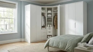 Contemporary white corner wardrobe blending into a minimalist bedroom.