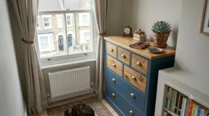 Blue and oak multi-functional chest of drawers in a small bedroom.