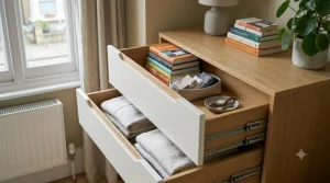 Detail view of open drawers on an oak chest, neatly organised.