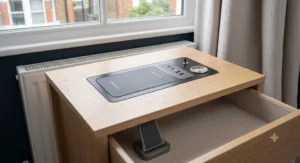 Detailed view of a wooden bedside table surface showing a premium wireless charging zone and integrated ports.