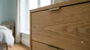 A close-up photorealistic detail of the natural oak wood grain texture and a sleek brass handle on a chest of drawers.