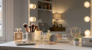 A rustic oak-effect dressing table with warm-toned mirror lights, adding a cosy feel to a traditional bedroom.