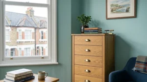 The tall narrow light oak chest of drawers seen from a three-quarter angle, illustrating its fit within a typical UK home interior.