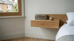 Close-up of a natural oak floating bedside shelf styled with books and a steaming mug of tea in a cosy bedroom.