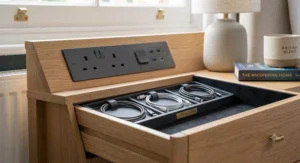 A bedside table drawer organised with a built-in tray for tidying charging cables and tech accessories.