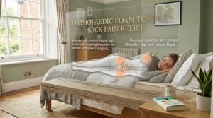 An illustration showing how a budget-friendly memory foam topper aligns the spine and relieves pressure points for a sleeping person.