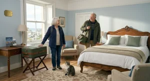 An elderly couple arriving at a coastal British hotel or bed and breakfast room featuring a well-dressed double bed, wooden furniture, and a cat sitting on a patterned rug.