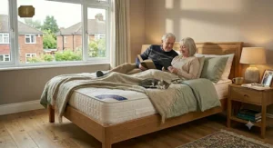 An elderly couple sitting up comfortably in bed supported by an orthopaedic mattress; the man reads a book while the woman looks at a tablet computer next to a sleeping cat.