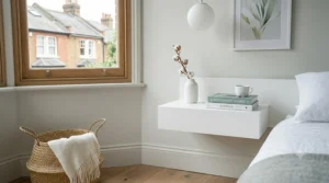 A bright, Scandi-inspired bedroom featuring a white floating bedside shelf and clean, minimalist décor.
