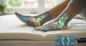 An anatomical graphic illustrating ankle alignment and targeted zone relief on a supportive mattress topper surface.