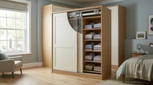 Sliding door corner wardrobe system for easy access in tight spaces.