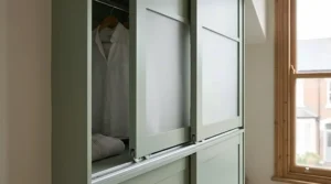 A close-up of a sleek sliding-door wardrobe mechanism, demonstrating a space-saving solution for a narrow bedroom.