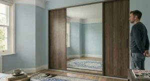 Three-door sliding wardrobe combining dark wood-grain outer doors with a large central mirror panel, situated next to a low coffee table with a teacup.