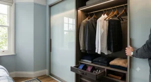 Detailed interior view of a sliding wardrobe showing organised hanging rails with tailored jackets, shirts, and an open accessory drawer.