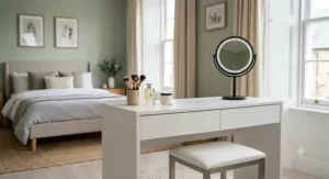 A compact, minimalist white dressing table with clean lines, ideal for maximising space in smaller UK bedrooms.