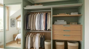 The organised interior of a compact wardrobe featuring dual hanging rails, built-in wooden drawers, and woven storage baskets.