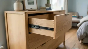 A close-up view of the internal metal smooth-glide runners on an extended drawer of a natural oak chest of drawers.