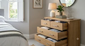 Detailed close-up showing the high-quality natural grain of a solid wood chest of drawers under £200.
