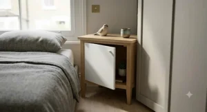 A clever space-saving beside table solution designed specifically for narrow gaps in a small British bedroom.