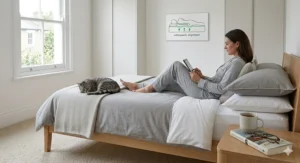 A line drawing illustrating optimal spinal alignment and postural support when sleeping on one's side on a firm mattress.
