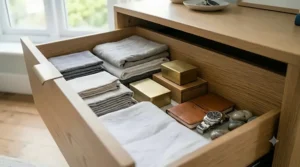 An open drawer of an oak chest of drawers containing neatly folded linens, small boxes, a leather notebook, and a wristwatch.