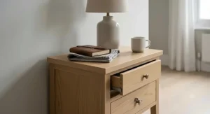 Close-up of a narrow beside table styled with a lamp, notebook, and ceramic mug, demonstrating small-space decorating.