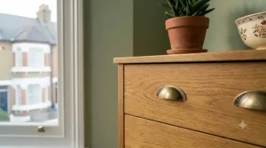 A detailed photorealistic close-up of a tall narrow chest of drawers, highlighting the natural oak grain and brushed brass cup handles.