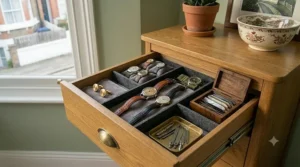 Inside a drawer of a tall narrow chest of drawers, showing structured storage compartments organised with accessories.