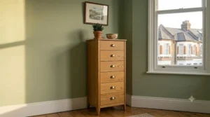 A full-height photorealistic view of a tall narrow chest of drawers, demonstrating its effective use of vertical storage in a small room.