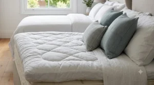 A close-up shot of a thick, quilted luxury mattress topper placed over a traditional tufted mattress on a divan base next to a fully dressed bed.