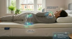 A detailed cross-section illustration of a side sleeper, showcasing targeted shoulder pressure relief, deep hip contouring, and optimised joint cushioning on a thick mattress topper.