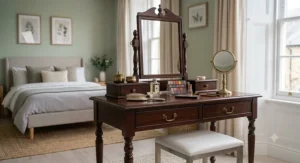 A high-focus view of a traditional dark mahogany dressing table, featuring turned legs, brass handles, and a swing mirror.