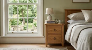 Traditional solid oak two-drawer bedside cabinet in a classic British home setting.