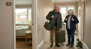 A happy elderly British couple dressed in outdoor jackets, holding green travel bags and a suitcase as they prepare for a trip, standing in a hallway near their bedroom.