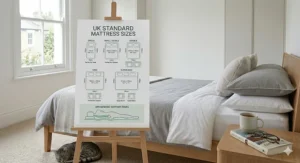 A clean dimensions chart illustrating standard UK mattress sizes including Single, Double, King, and Super King options.