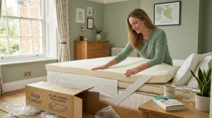 A step-by-step visual guide showing a rolled memory foam topper expanding on a bed after unboxing.