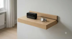 Wall-mounted floating narrow bedside shelf providing a clutter-free look for a tiny bedroom.